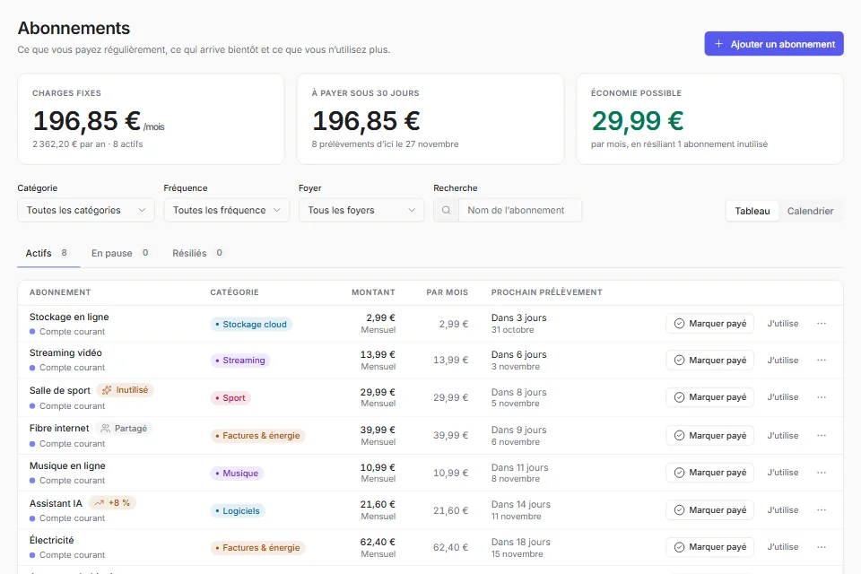 La liste des abonnements avec leur coût mensuel, leur prochaine échéance et les alertes de hausse de prix.